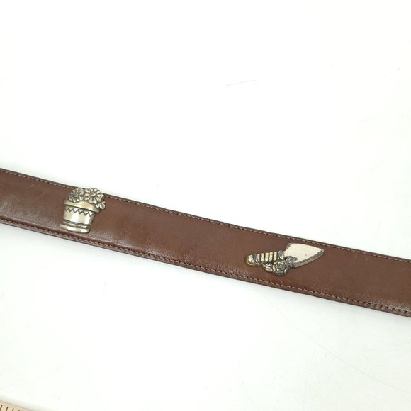 Talbots Womens Brown Leather Belt Vtg Size M Gardening Theme Charms Silver Tone main image 10
